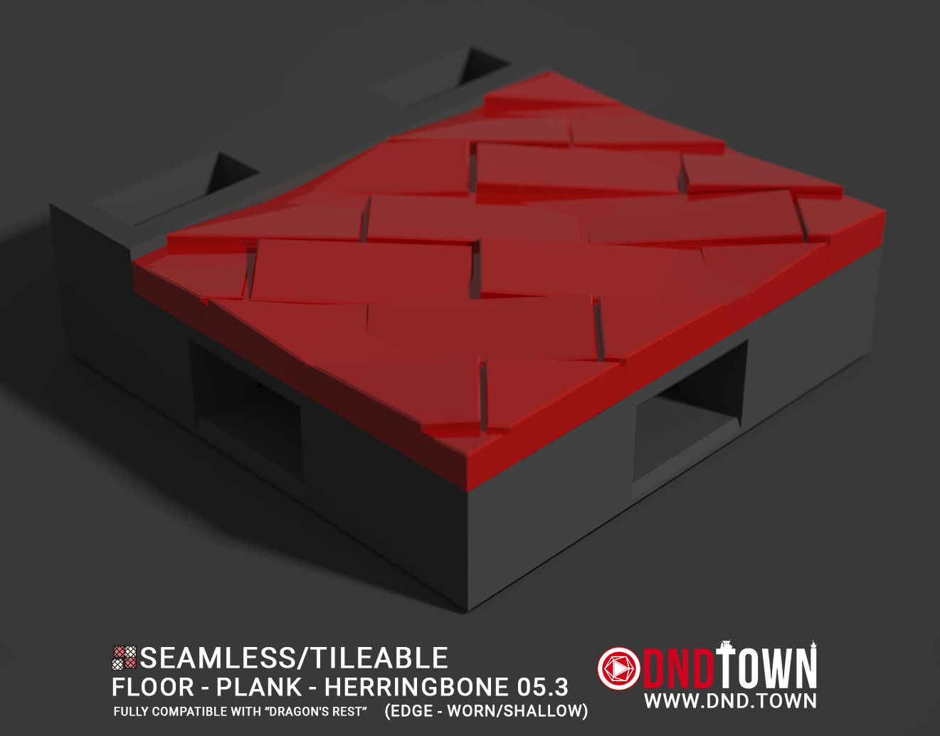 Floor - Plank - Herringbone - Wall Edge 05.3 (WORN/SHALLOW) - 3D Modular Dungeon Tile - DnD Town Minis (www.dnd.town)